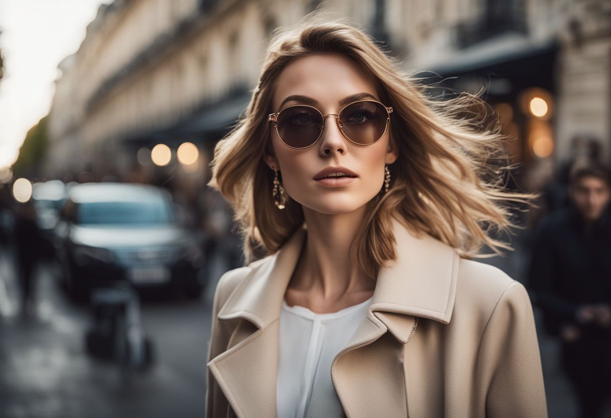 A Stylish Woman Confidently Walks Through A Bustling Parisian Street In Different Chic Outfits. A stylish woman confidently walks through a bustling Parisian street in different chic outfits.