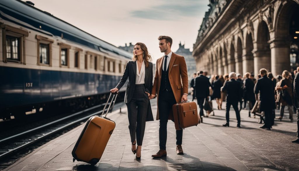 Paris Train Stations Transfers 33 A professional customer service representative assisting a traveler at a bustling Paris train station, providing personalized guidance and support with a warm smile, while the traveler looks relieved and grateful, capturing the vibrant energy and diverse crowd in the background, Portrait Photography, shot with a 50mm lens at f/2.8