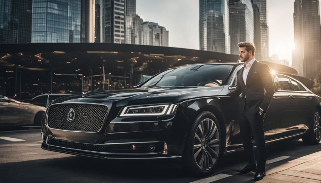 Paris Train Stations Transfers 31 A professional and efficient transfer service at Paris train stations, showcasing our reliability and punctuality. A close-up shot of a smartly dressed chauffeur opening the door of a luxury sedan for a satisfied customer, with the iconic Paris train station in the background. The scene exudes sophistication and trustworthiness, capturing the attention to detail in the chauffeur's uniform, the sleek design of the car, and the hustle and bustle of the train station. Portrait Photography, shot with a 50mm lens