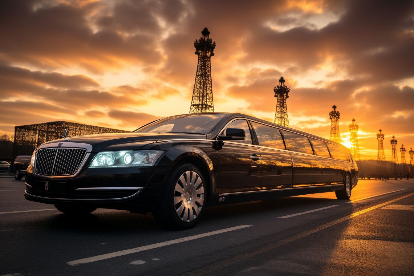 A Limousine Parked In Front Of The Eiffel Tower During A Vibrant Sunset In Paris. A limousine parked in front of the Eiffel Tower during a vibrant sunset in Paris.