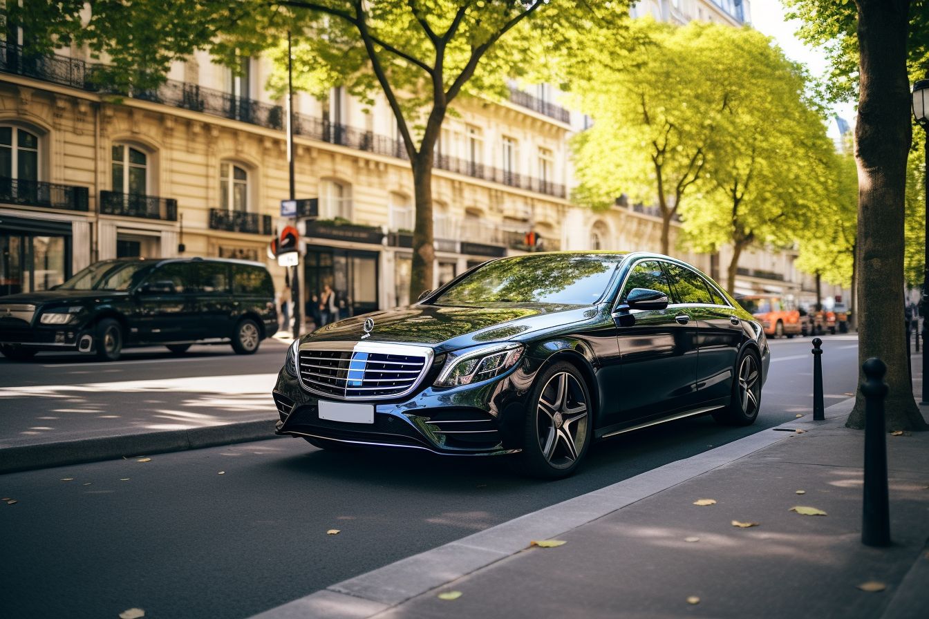 A Mercedes-Benz Limousine Driving On The Streets Of Paris, Captured With A Wide-Angle Lens. A Mercedes-Benz limousine driving on the streets of Paris, captured with a wide-angle lens.