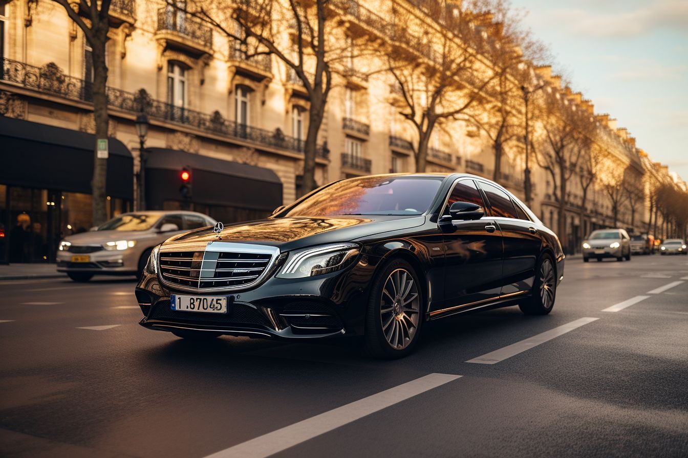 A Mercedes-Benz Limousine Driving On The Streets Of Paris, Captured With A Wide-Angle Lens. A Mercedes-Benz limousine driving on the streets of Paris, captured with a wide-angle lens.