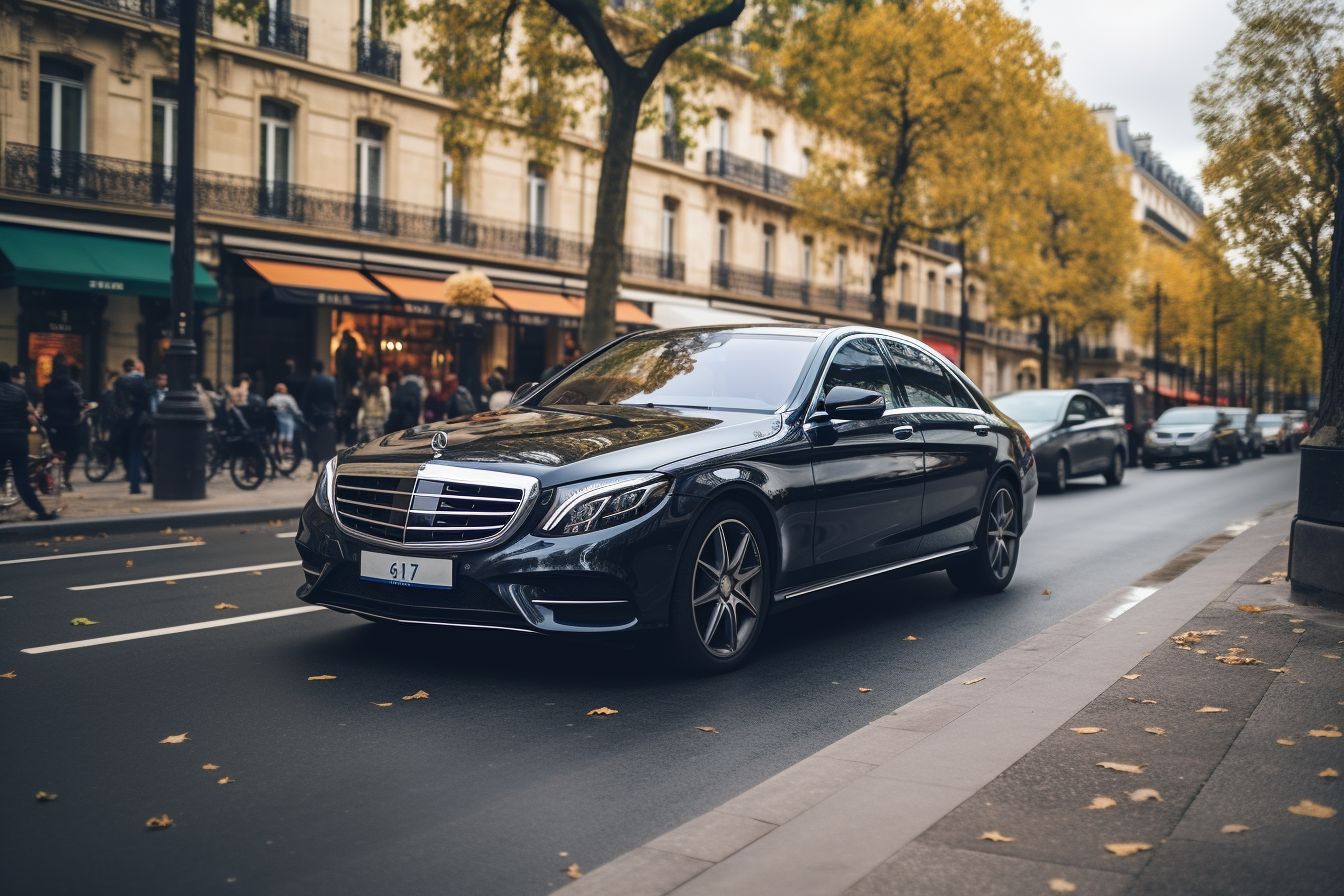 A Mercedes-Benz Limousine Driving On The Streets Of Paris, Captured With A Wide-Angle Lens. A Mercedes-Benz limousine driving on the streets of Paris, captured with a wide-angle lens.