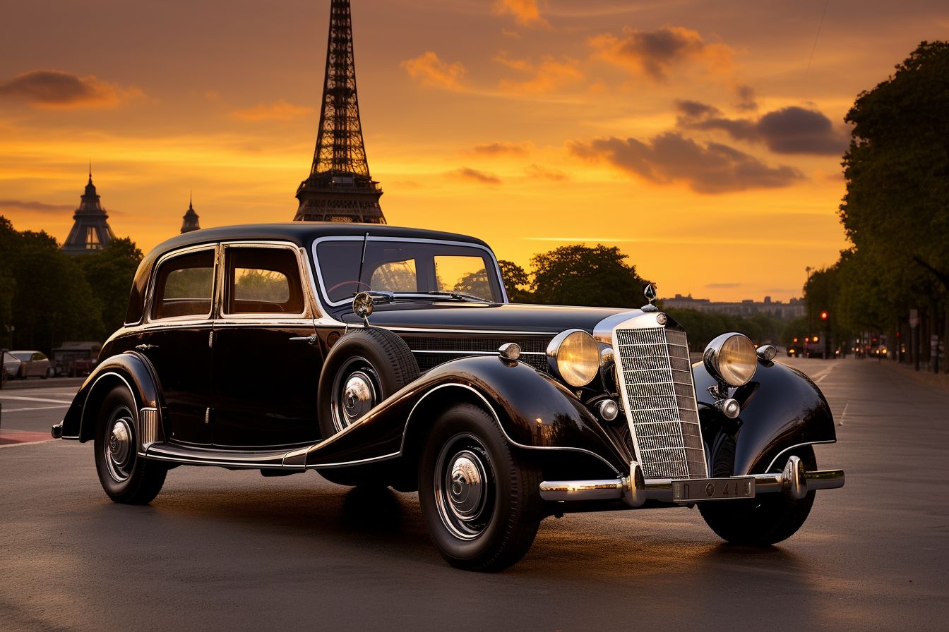 A Black Mercedes Limousine Parked In Front Of The Eiffel Tower At Sunset. A black Mercedes limousine parked in front of the Eiffel Tower at sunset.