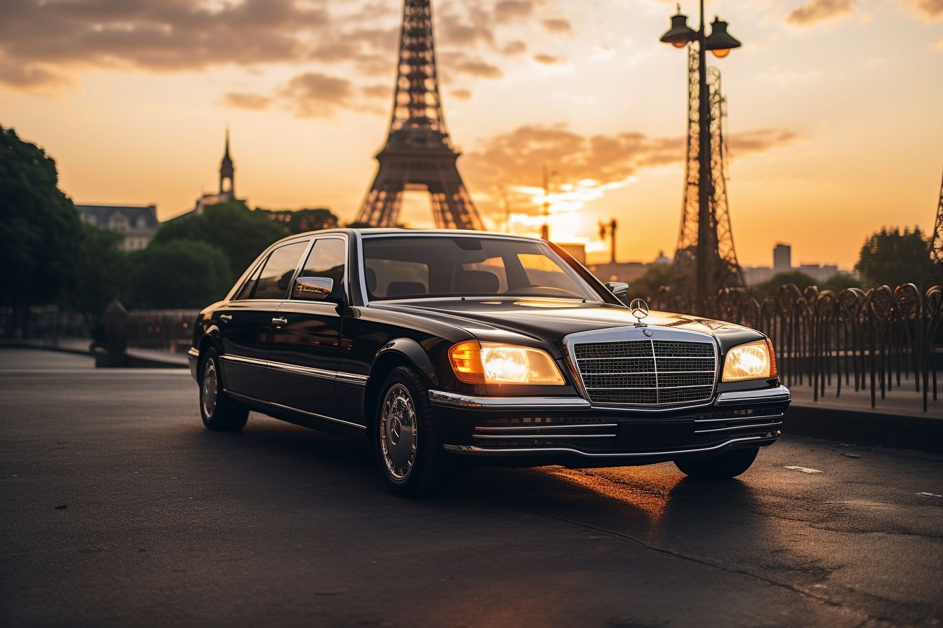 A Black Mercedes Limousine Parked In Front Of The Eiffel Tower At Sunset. A black Mercedes limousine parked in front of the Eiffel Tower at sunset.