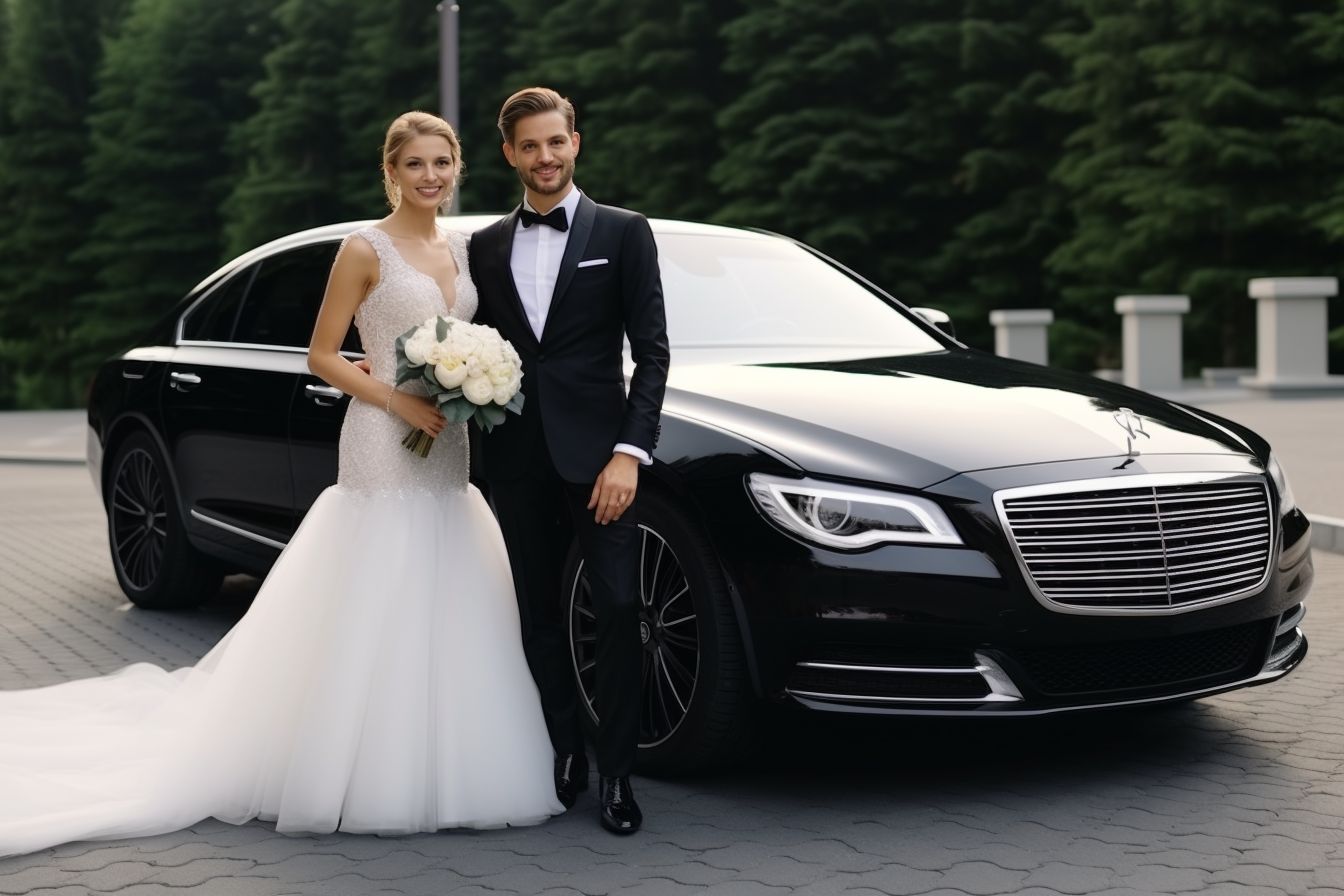 A Glamorous Wedding Couple Posing In Front Of A Black Limousine. A glamorous wedding couple posing in front of a black limousine.
