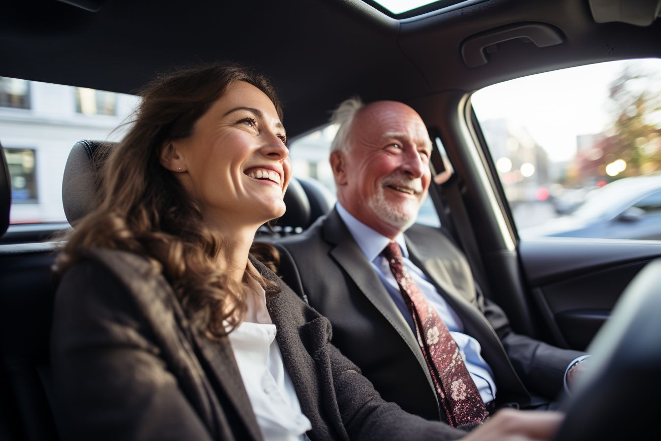 A Happy Couple Sitting In A Luxurious Car With A Chauffeur. A happy couple sitting in a luxurious car with a chauffeur.