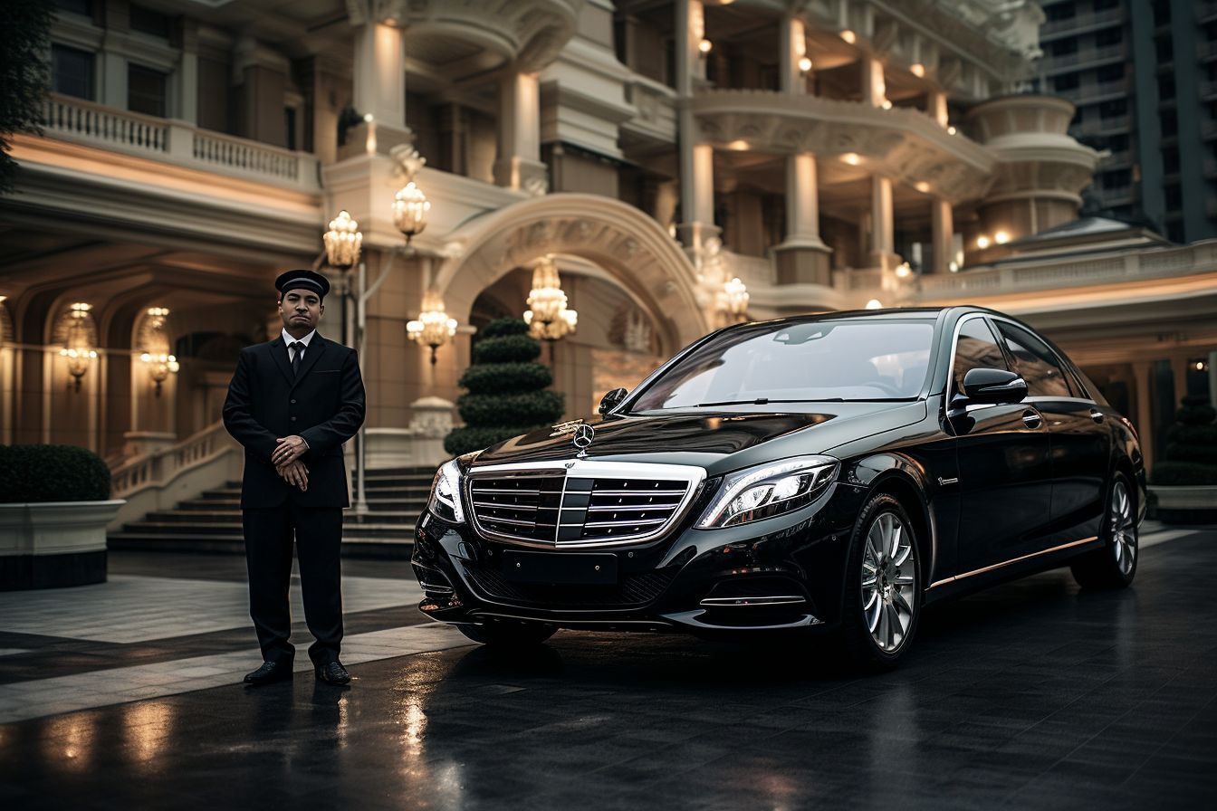 A Luxurious Mercedes-Benz S-Class Is Parked In Front Of An Extravagant Hotel. A luxurious Mercedes-Benz S-Class is parked in front of an extravagant hotel.