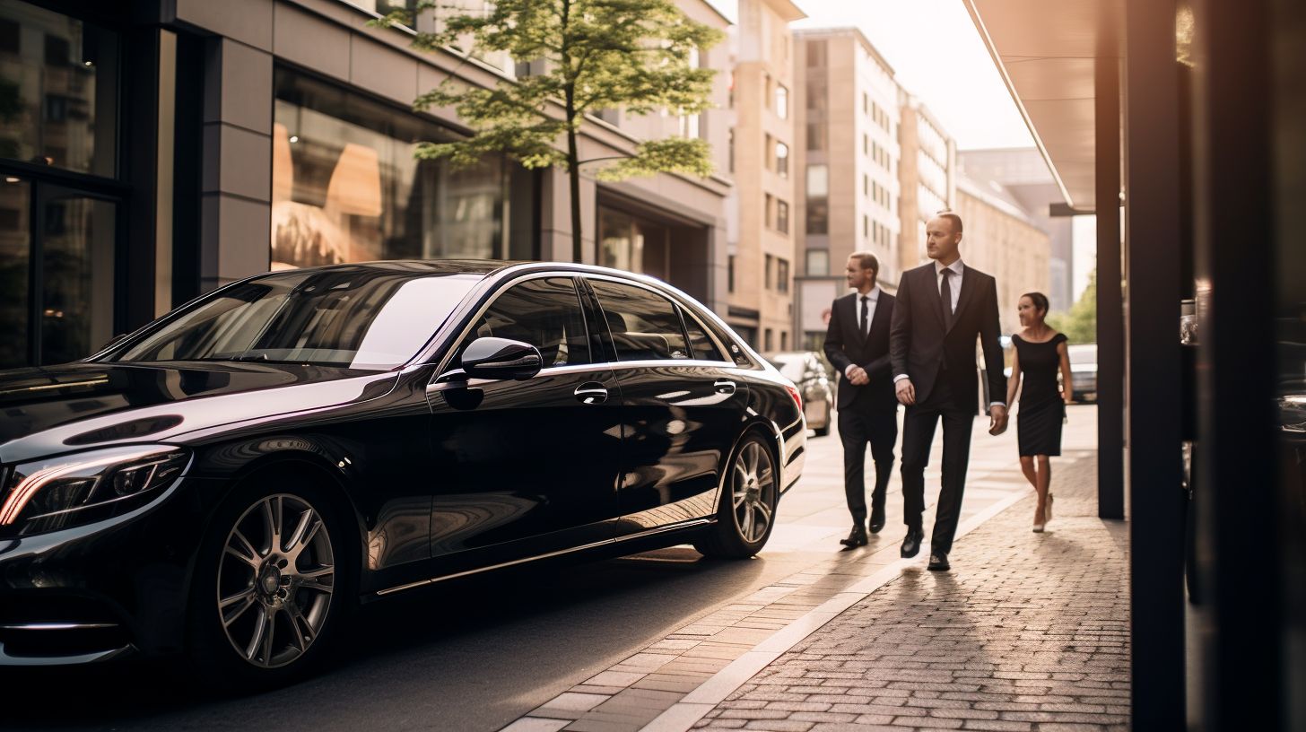 A Couple Being Chauffeured In A Luxurious Mercedes In A City. A couple being chauffeured in a luxurious Mercedes in a city.