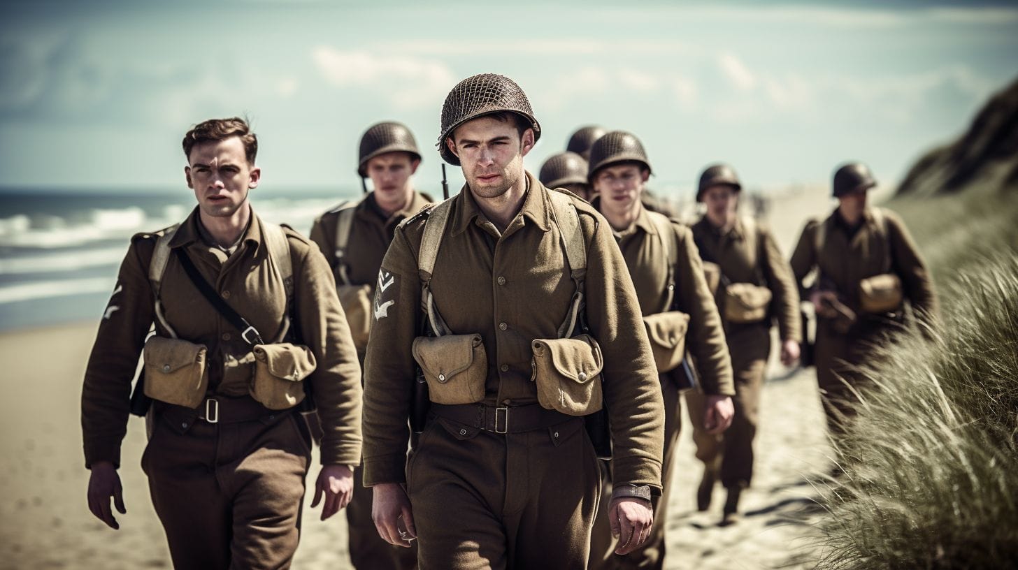Soldiers in period uniforms walk along historic Utah Beach with bunkers.