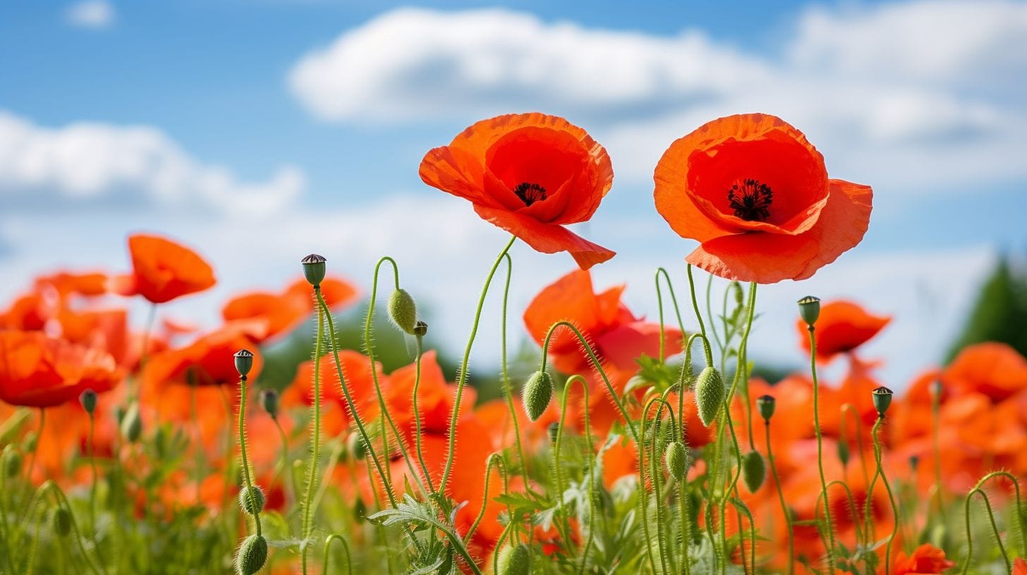 A Field Of Poppies Swaying Near Historic D-Day Battlefields. A field of poppies swaying near historic D-Day battlefields.