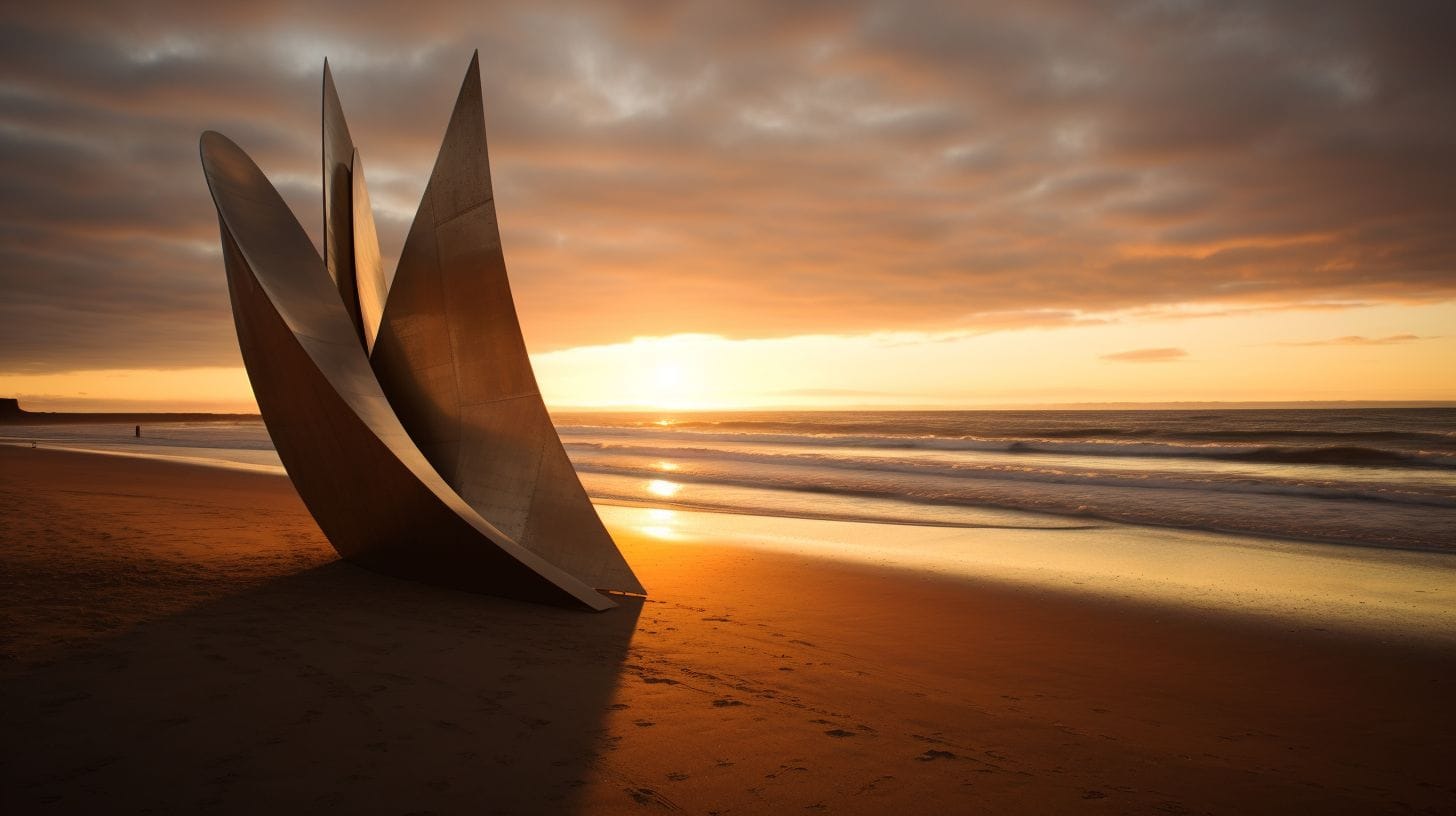 A Serene And Historic Scene Of Omaha Beach At Sunset. A serene and historic scene of Omaha Beach at sunset.