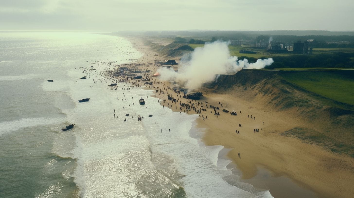 Aerial Reenactment Of Allied Forces Storming Beach On D-Day. Aerial reenactment of Allied forces storming beach on D-Day.