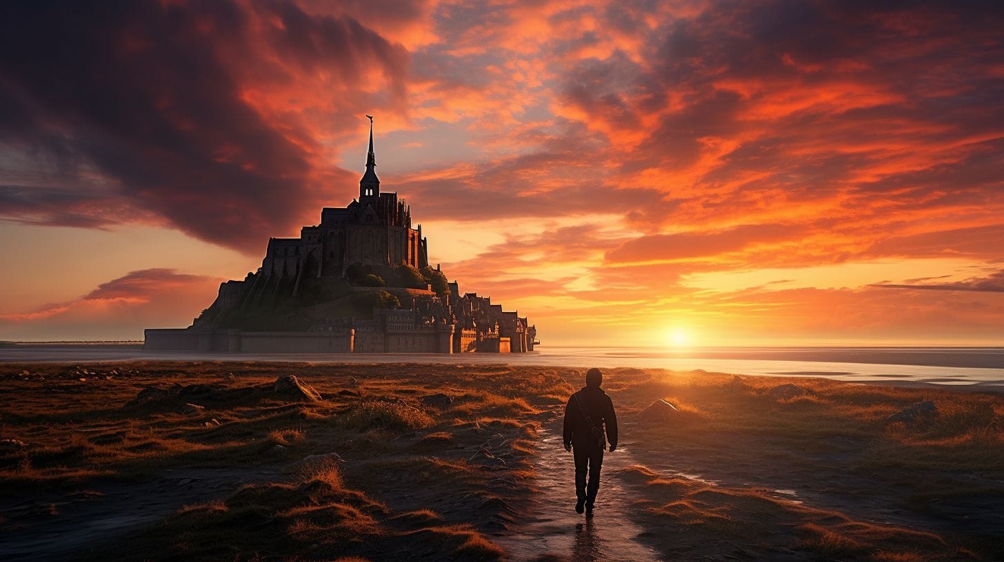 'Tall Ruins Of Mont Saint-Michel Against A Striking Sunset.' 'Tall ruins of Mont Saint-Michel against a striking sunset.'