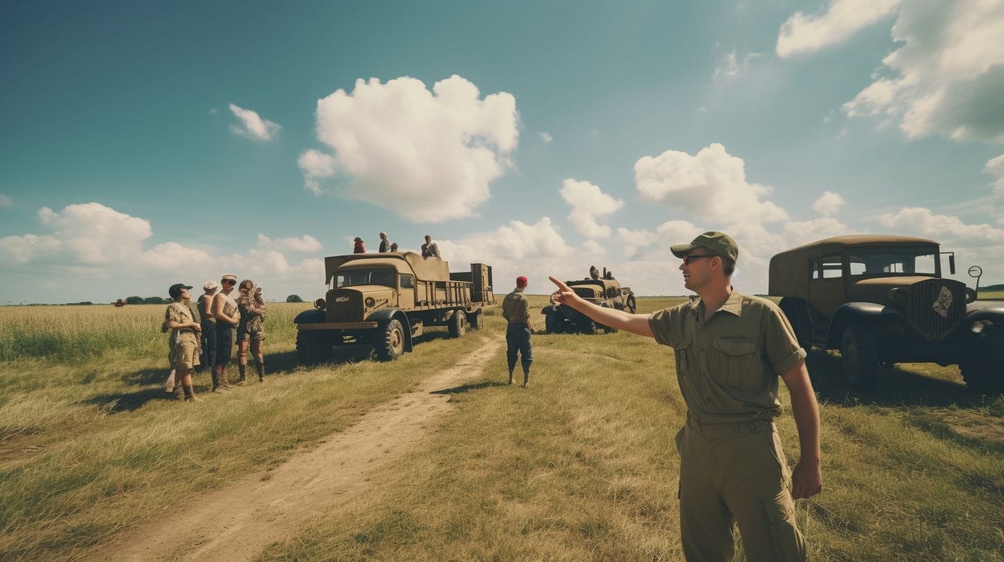 A Wwii Tour Guide Leads Visitors Through A Historic Battlefield. A WWII tour guide leads visitors through a historic battlefield.