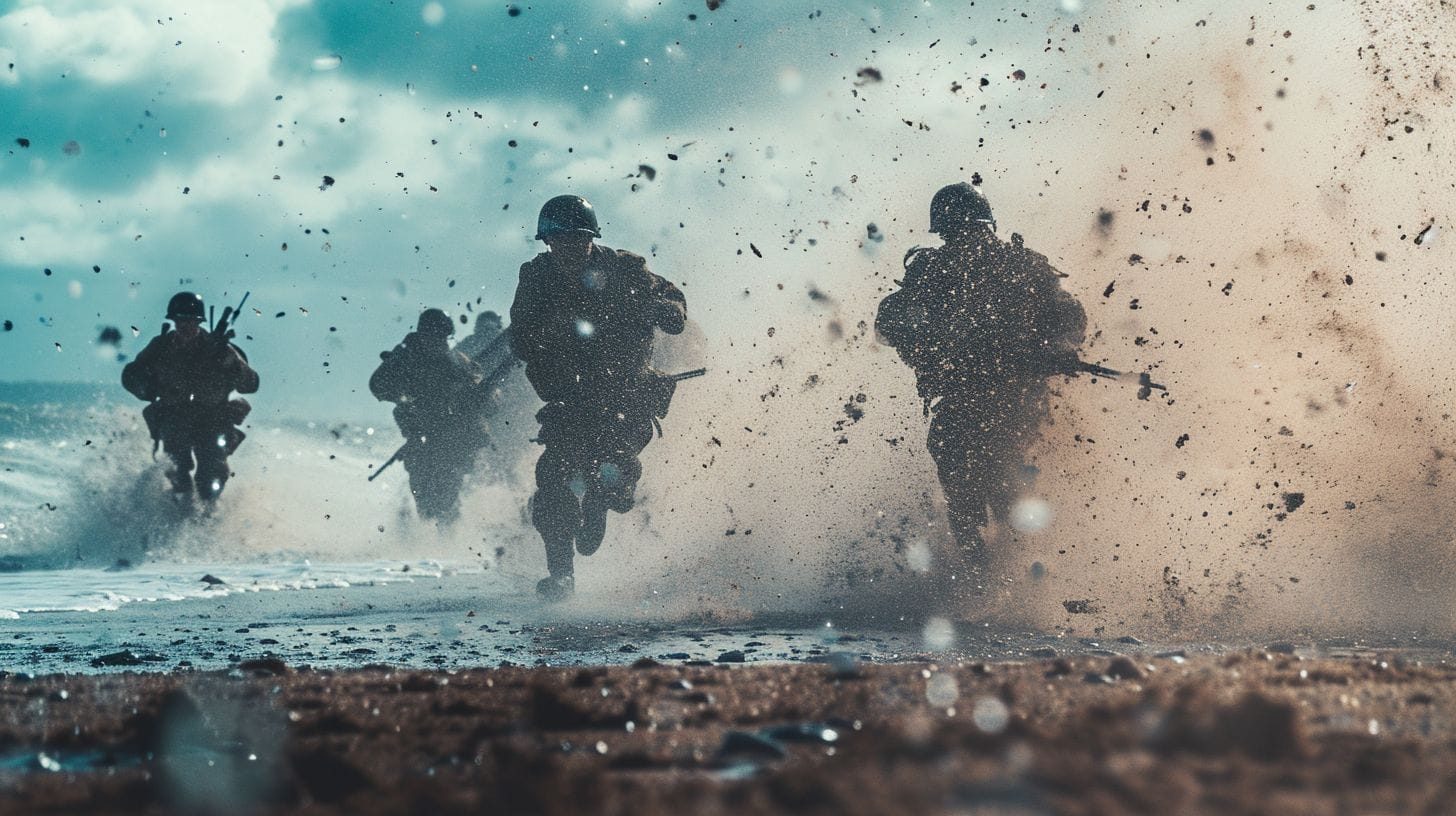 Canadian Soldiers Storm Juno Beach Under Heavy Fire. Canadian soldiers storm Juno Beach under heavy fire.