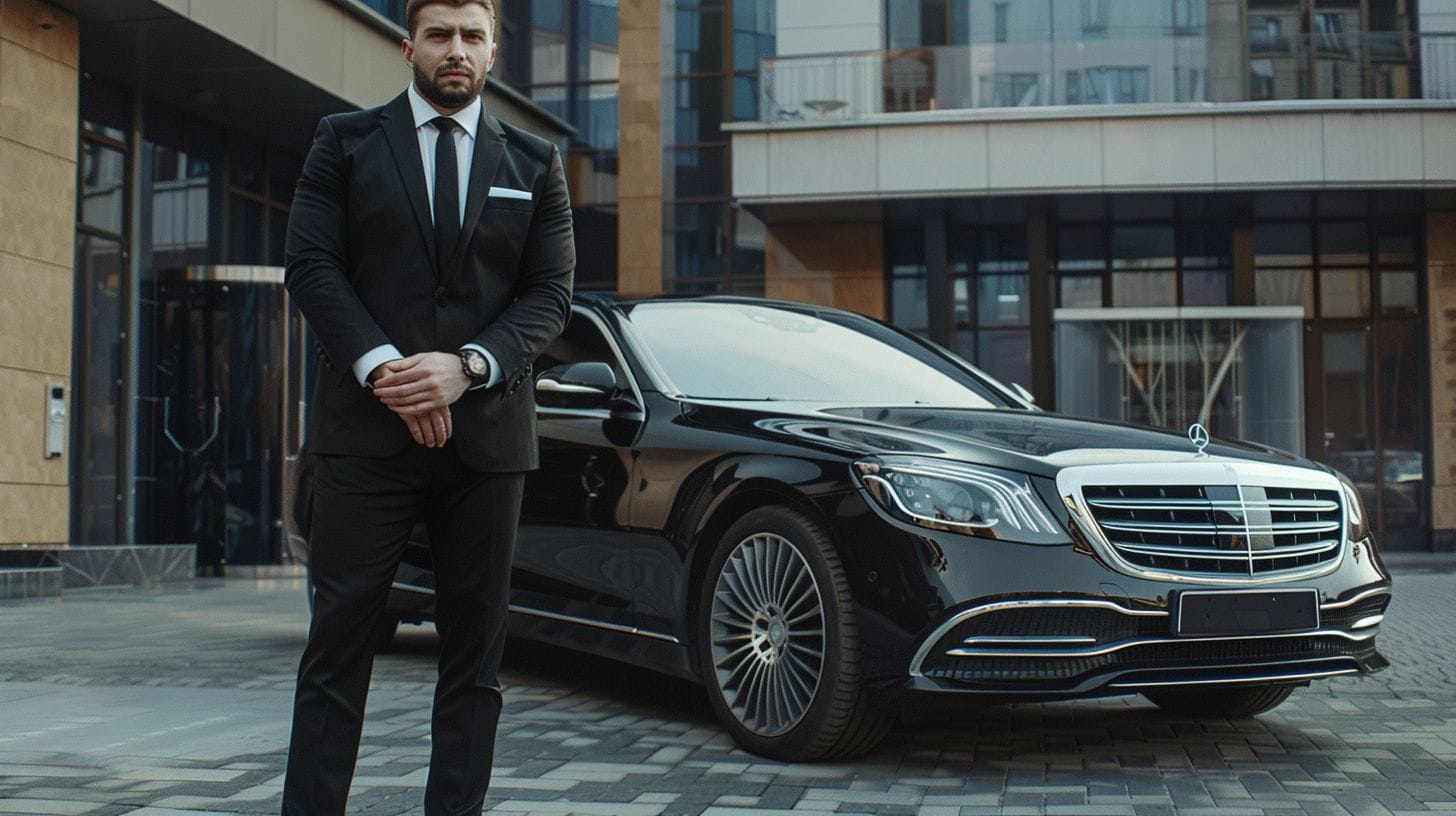 A chauffeur stands confidently next to a black Mercedes in a cinematic-style image.