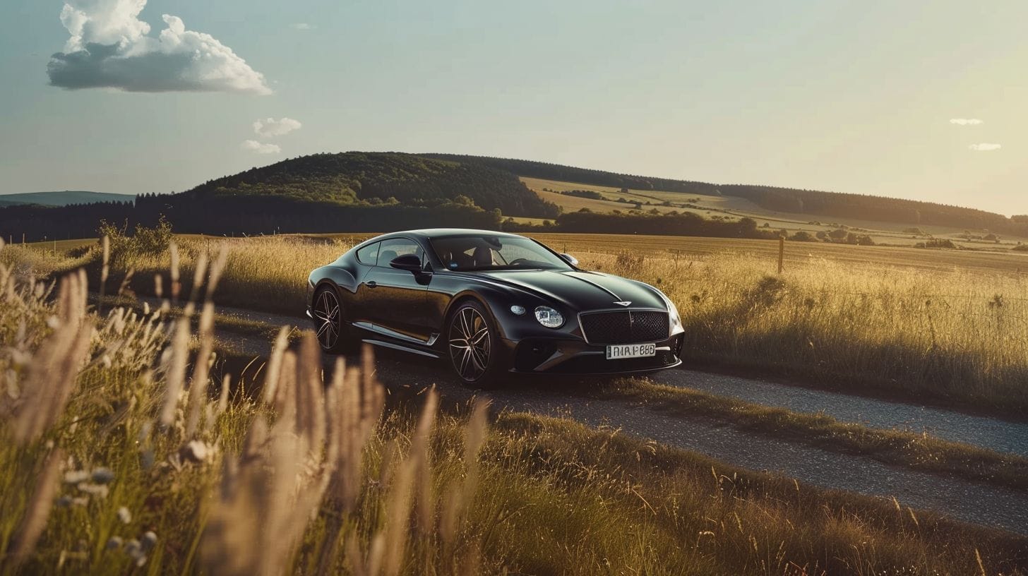 A luxurious black car driving through beautiful European countryside captured in a cinematic style.