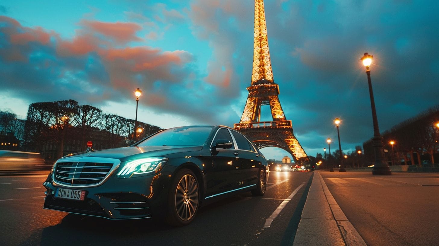 A Mercedes S-Class car with a driver outside the Eiffel Tower, captured in high-quality cinematic style.