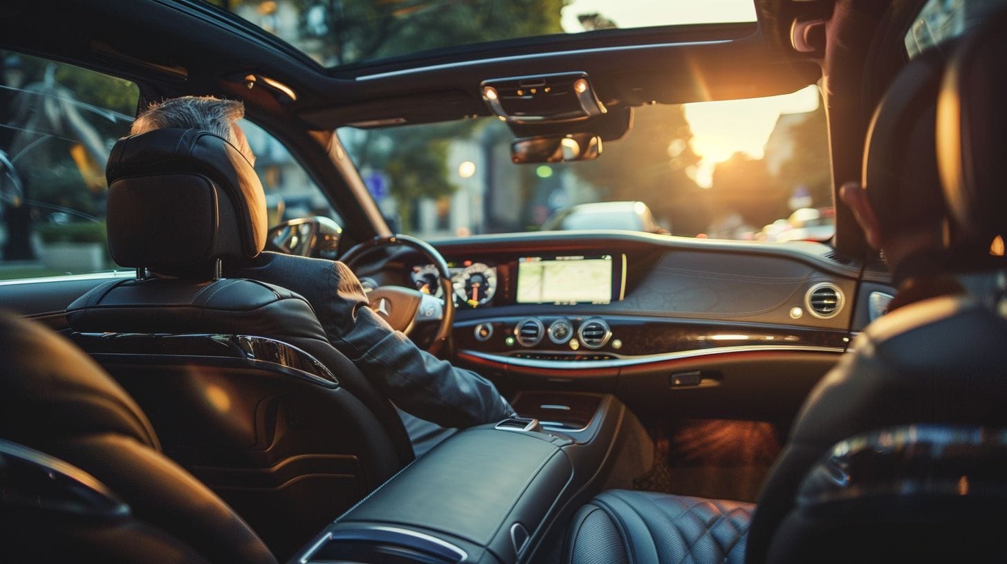 A chauffeur and passenger are enjoying a luxurious and comfortable car interior during a hassle-free ride.