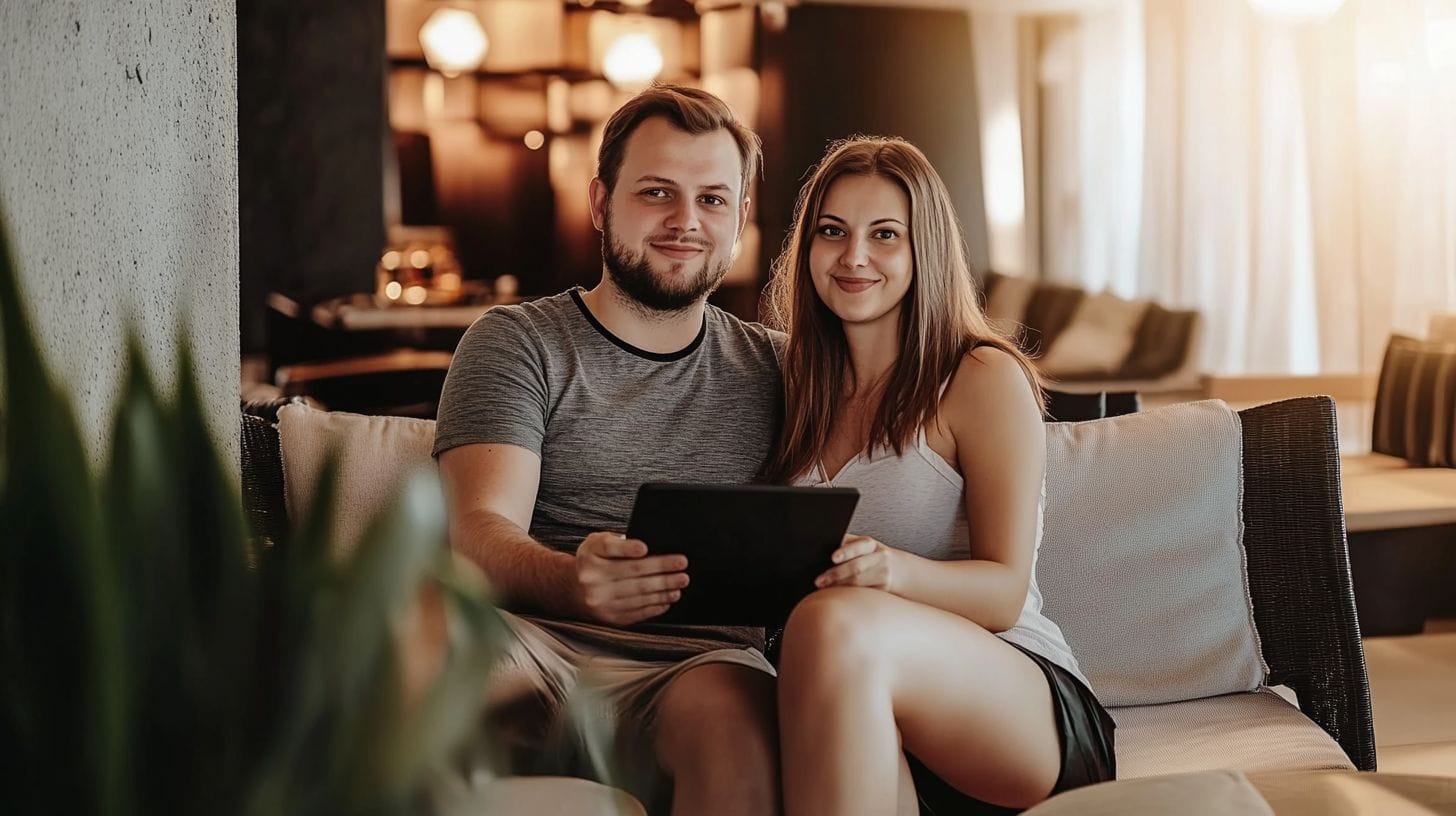 A Couple In Their 30S Booking A Beachfront Resort Using Bitcoin. A couple in their 30s booking a beachfront resort using Bitcoin.