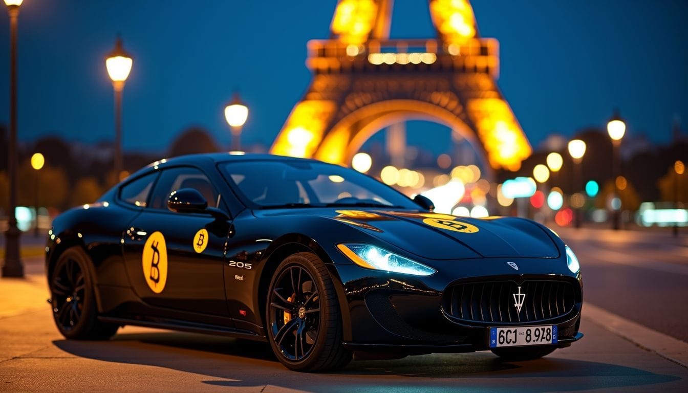A Black Car With Bitcoin Logo Parked In Front Of Eiffel Tower At Night. A black car with Bitcoin logo parked in front of Eiffel Tower at night.