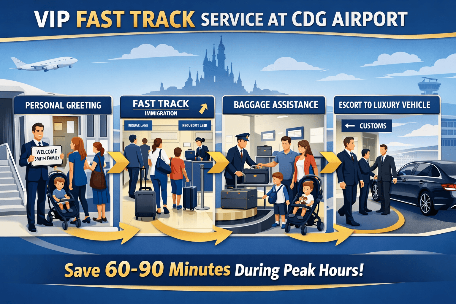 Cdg Airport To Disneyland Paris: The Complete Transportation Guide For Families In 2026 21 Detailed landscape illustration (1536x1024) depicting VIP Fast Track service journey at CDG Airport: sequential panels showing 1) VIP greete