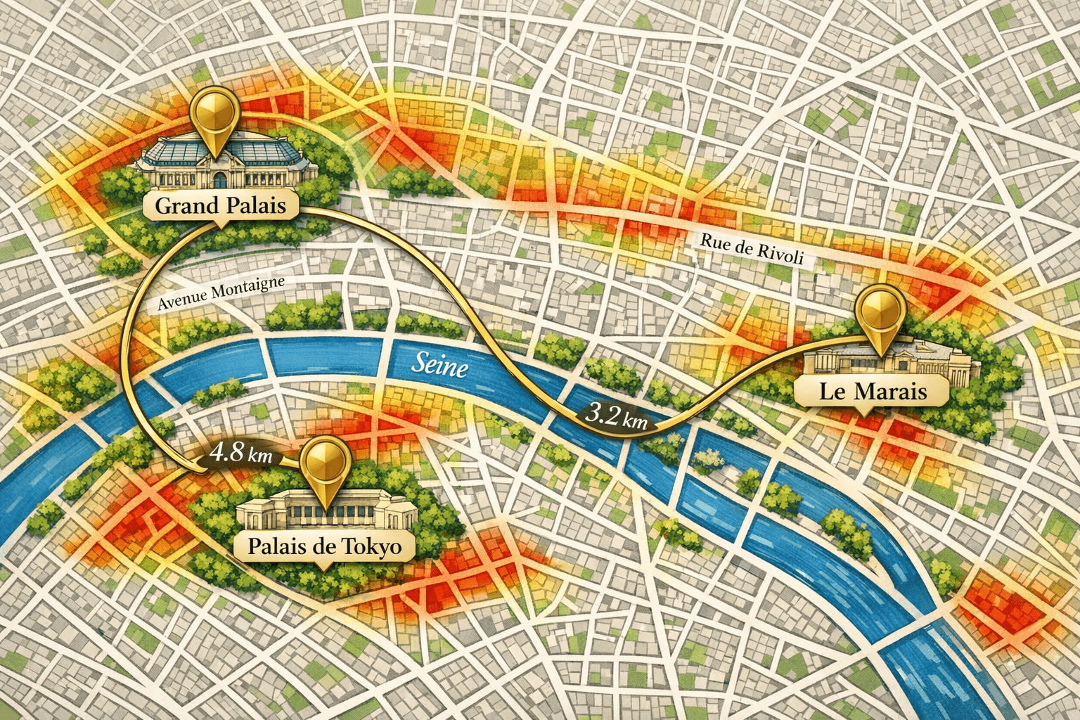 Paris Fashion Week 2026 Chauffeur Logistics: Managing Multi-Show Days Across Grand Palais, Palais De Tokyo, And Exclusive Marais Showrooms 2 () detailed overhead map illustration of central Paris showing three key Fashion Week venues marked with gold pins: Grand