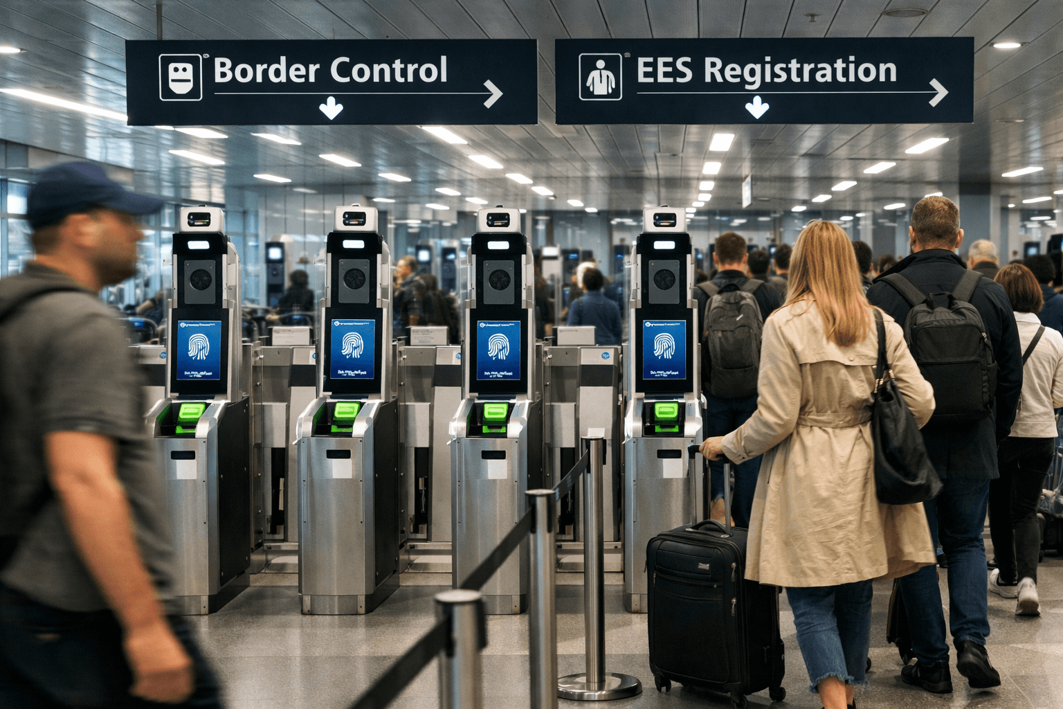 () editorial photograph of a modern airport immigration hall with automated biometric kiosks showing fingerprint scanner