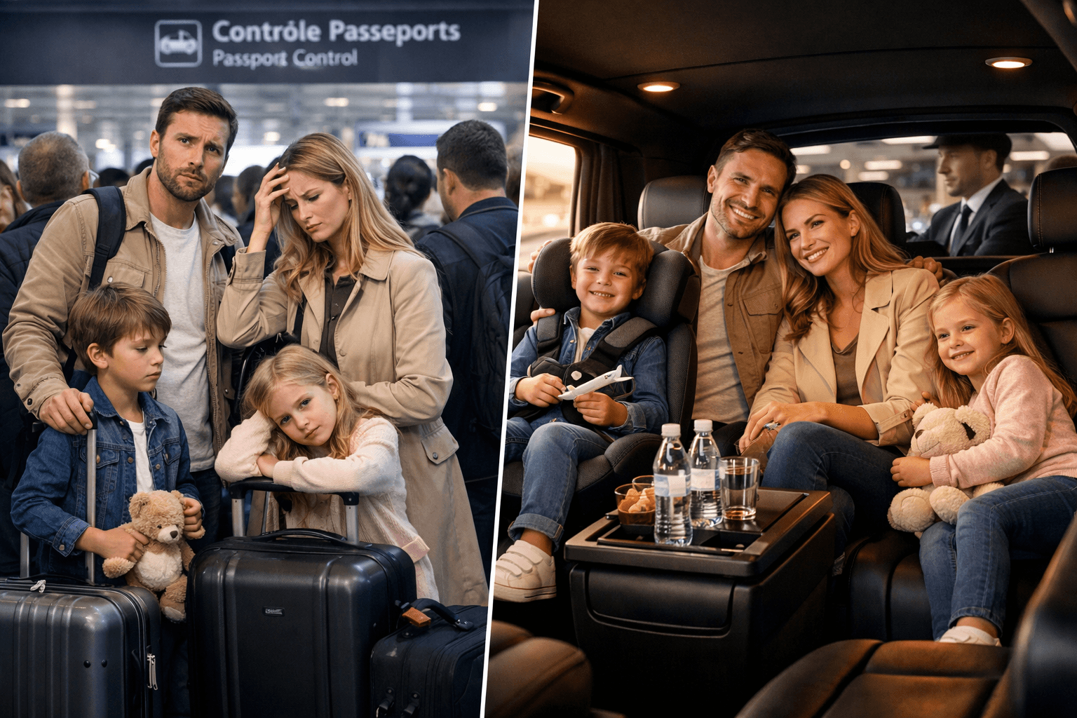 () elegant split-composition photograph: left side shows a family of four with children and heavy luggage looking stressed