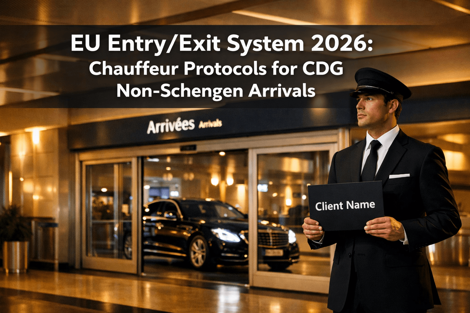 Professional () hero image with : 'EU Entry/Exit System 2026: Chauffeur Protocols for CDG Non-Schengen Arrivals' in extra